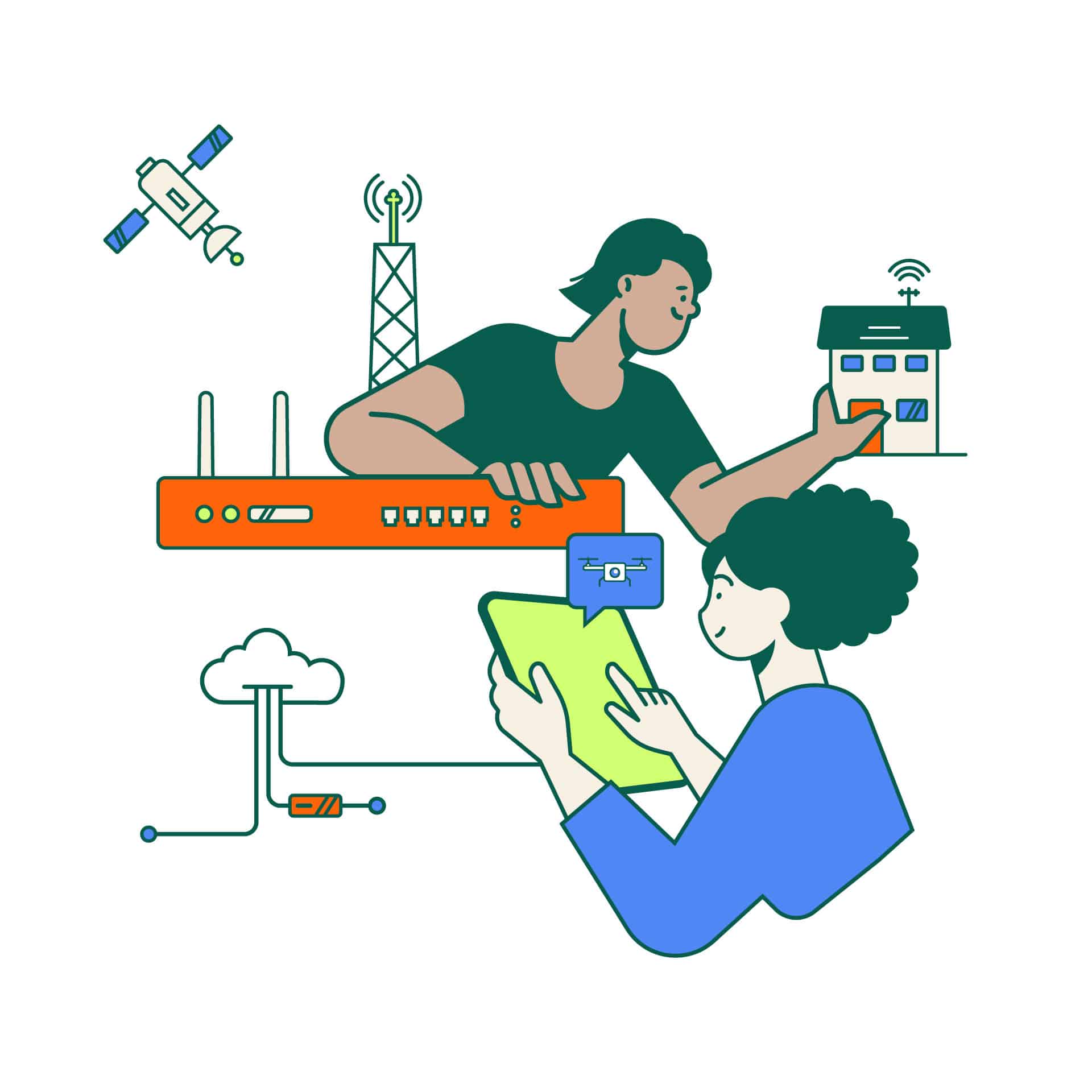 Illustration représentant 2 personnes étudiantes avec différents items liés aux programmes Réseaux et télécommunications les entourant