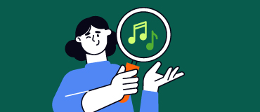 vignette avec personnage aux cheveux foncés qui tient une affiche avec notes de musique