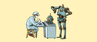 Illustration d'un scientifique en train de confectionner ou de réparer un robot