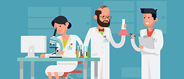 Illustration en laboratoire avec 3 scientifiques portant le sarrau.