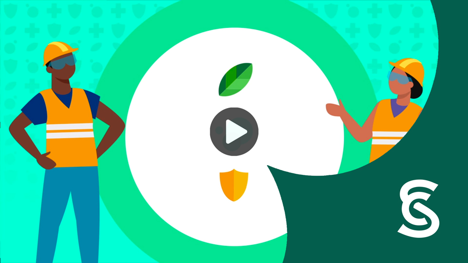illustration personnage veste sécurité avec bouton play et logo Cégep